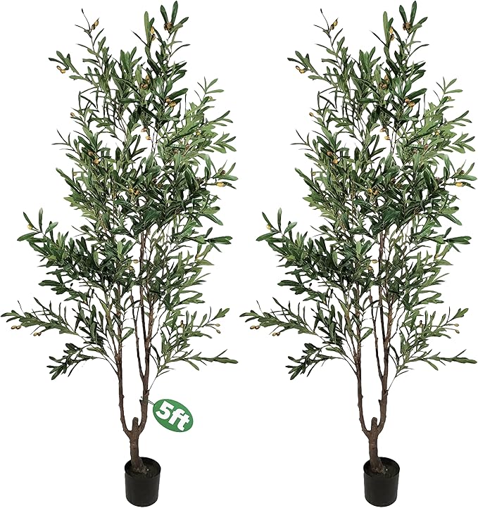 5ft Real-Touch Olive Tree 2-Pack with 1390 Leaves & 86 Olives, Artificial Olive Plant in Pot, Faux Olive Tree for Indoor Decor, Office, Mediterranean Home Decoration