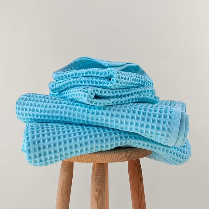 PÜSKÜL - Premium Waffle Towel Set 4 Pieces Turquoise - Organic 100% Turkish Cotton Quick-Dry Towels for Bathroom Made in Turkiye (Turquoise, Towel Set - 2 Hand & 2 Bath Towels)