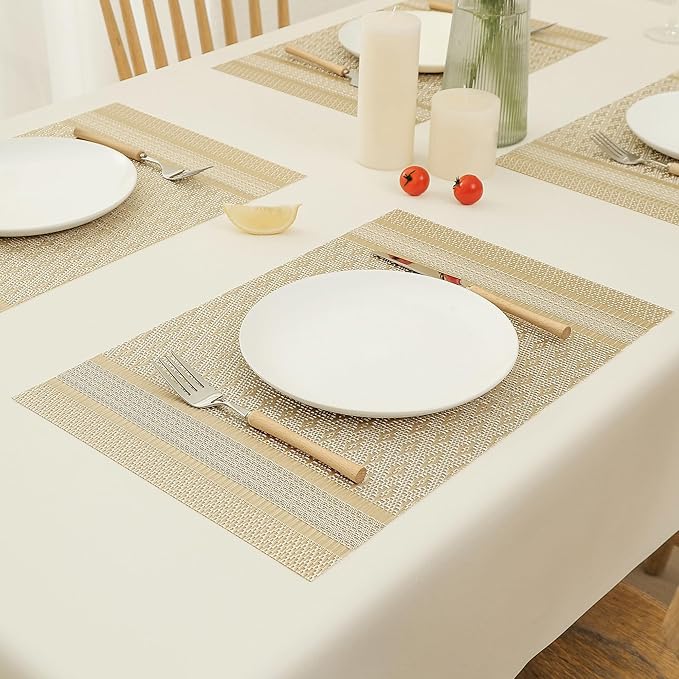 Leetaltree Stardust Yellow Placemats Set of 4 - Heat Resistant Non-Slip Place mats for Dining Table, Washable Durable PVC Vinyl Woven Table Mats（Stardust Yellow, 4）