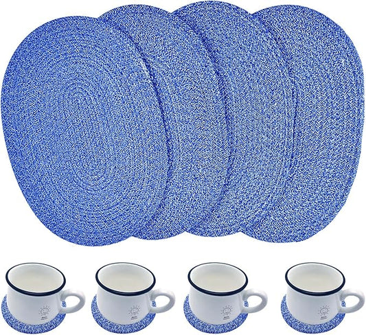 4 Pack Oval Woven Placemats, Mixed Blue Cotton Plate Chargers with 4 Pack Round Coasters, Thick Heat Insulation Mats Household Table Mats Braided Bowl Mats Fabric Rustic Placemats for Dining