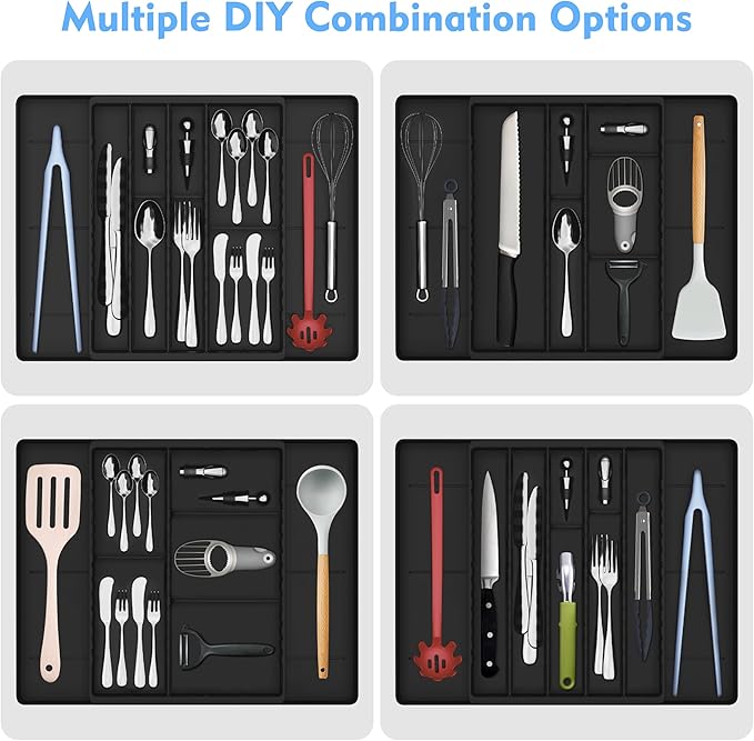 Fu Store Silverware Drawer Organizer DIY Customize Expandable Utensil Tray for Kitchen Upgraded Flatware Cutlery Holders Adjustable Plastic Tableware Storage for Spatula Spoons Forks Knives (Black)