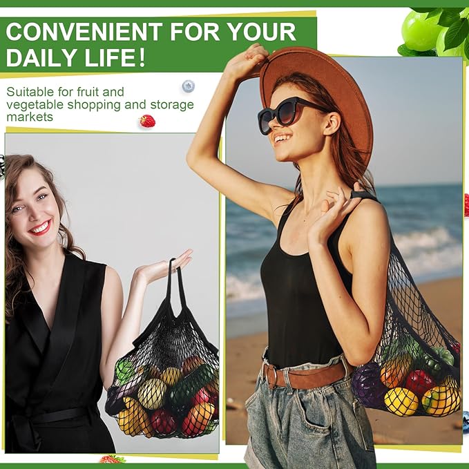 Paterr 50 Pack Cotton Mesh Produce Bags Bulk Reusable Market Bag Washable Net Grocery Purse String Shopping Tote Beach Organizer for Vegetable Fruit Picnic Food Storage (Short Handle,Black)