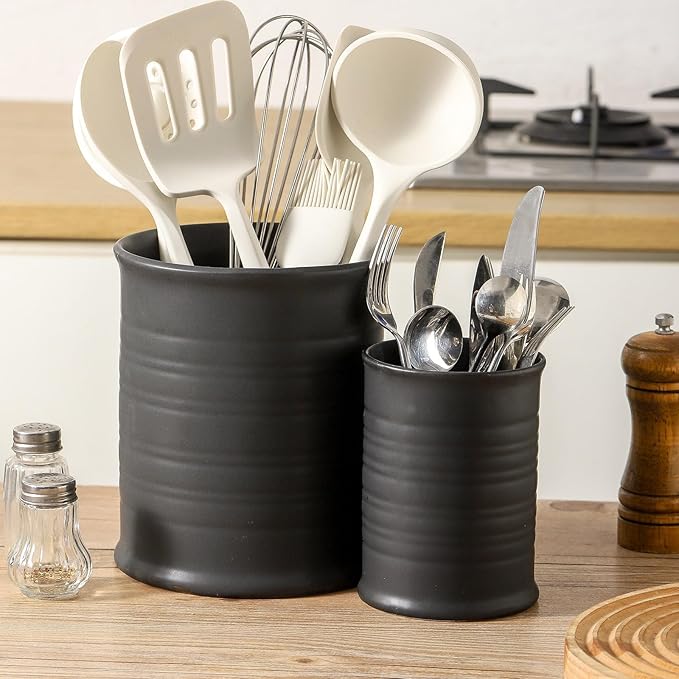 Nihow Utensil Holder: 7.2"+6.4" Ceramic Kitchen Utensil Holder for Countertop, Large Cooking Utensil Crocks for Kitchen Counter, Morden Utensil Organizer for Spatula, Set of 2, Elegant Matte Black