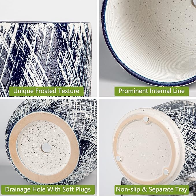 Blue Indoor Plant Pot Set, 5+6inch Ceramic Planter with Drainage Hole and Tray, Succulent Flower Orchid Greenery Planter, Round Plant Pots for Home Desktop Office Windowsill Decoration