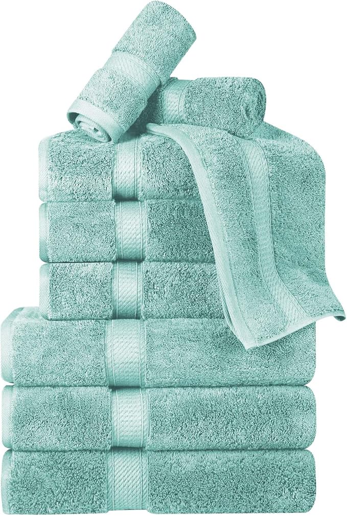 BNM Egyptian Cotton Heavyweight Towels, Ideal For Bathroom, Shower, Spa, Hotel, 800 GSM, Face/ Washcloths, Hand Towels, Bath Towels, Highly-Absorbent, Luxury Home Basics, 9 Piece Towel Set, Sea Foam