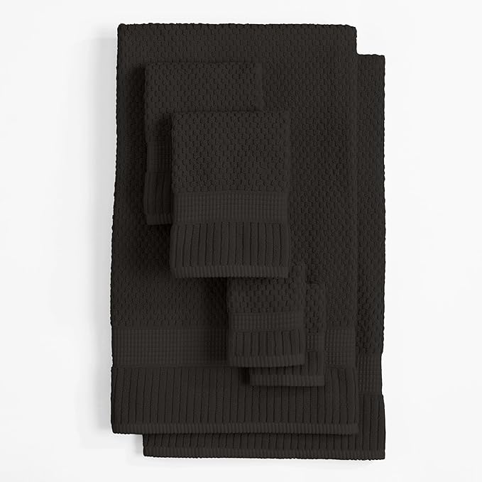 NY Loft 100% Cotton Towel Set 6 Piece | Super Soft & Absorbent Quick-Dry 2 Bath Towels 2 Hand Towels & 2 Washcloths | Textured and Durable Cotton | Premium Thick Towels | 6 Piece Set - Black