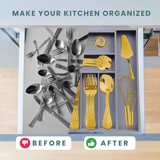 Sben Expandable Drawer Organizer for Utensils Holder, Adjustable Cutlery Tray, Wood Drawer Dividers Organizer for Silverware, Flatware, Knives for Kitchen (Gray)
