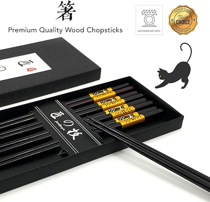 JapanBargain 4510, 2 Pack Bamboo Reusable Chopsticks, Japanese Chinese Korean Wood Chop Sticks, 5 Pair Gift Boxed Set, Cute Black Cat Pattern Hair Sticks, Dishwasher Safe, 9 inch