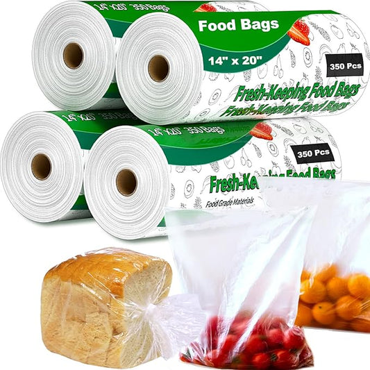 14" X 20" Plastic Produce Bags Roll, Fresh-Keeping Clear Plastic Bags for Food, Fruit, Vegetable, Bread, Kitchen, freezer, Supermarket, 350 Produce Bag/Roll (4 Rolls)
