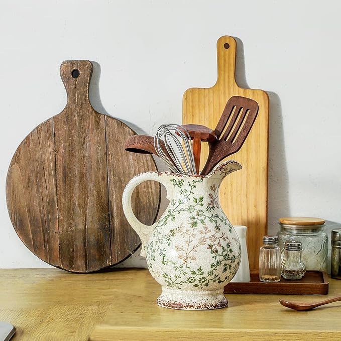 Enra Large Vintage Green Ceramic Vase and Pitcher for Home Decor, 9.7 Inch Rustic Chinoiserie Decorative Vases, Green and Beige Ceramic Vases for Living Room, Kitchen, Office – Large Vases for Decor