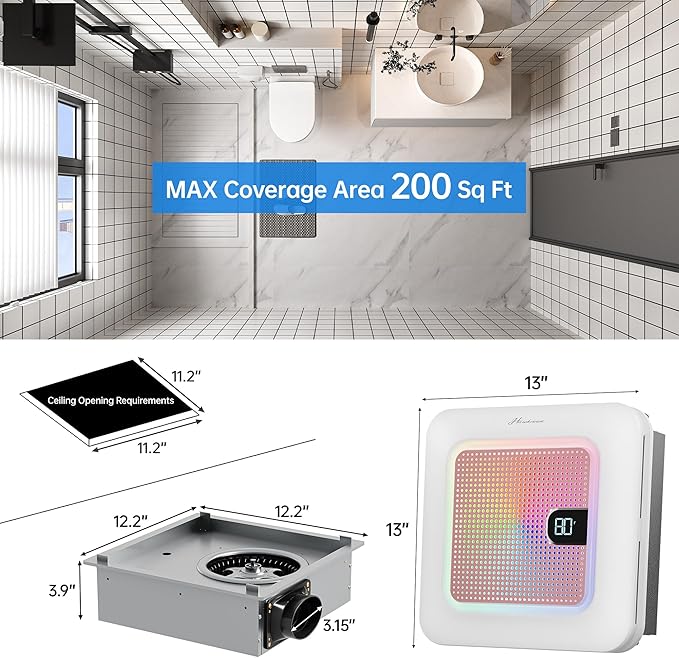 Bathroom Exhaust Fan with Bluetooth Speaker, 230 CFM 1.0 Sone Bathroom Exhaust Fan with Light, 3 Dynamic Light, 7 LED Color, 3 Color Temperatures, Nightlight,Remote, Easy Install