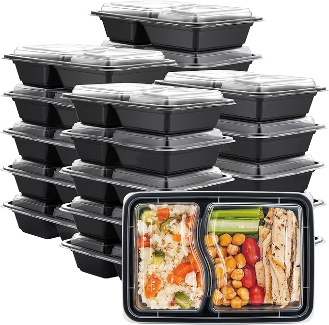 GUSTO [28 oz - 50 Count 2-Compartment Meal Prep Containers with Lids – Reusable, Microwaveable, Dishwasher & Freezer Safe, BPA-Free Food Storage Boxes for Portion Control (Formerly Comfy Package)