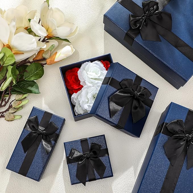 Tenceur 10 Pcs Gift Boxes with Lids Heavy Duty Nested Assorted Sizes Cardboard Gift Boxes for Presents with Ribbon for Xmas Holiday Present(Blue,5 Size)