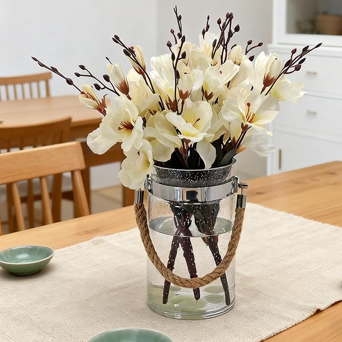 Barrel-Shaped 8.46" Large Mouth Clear Glass Vase with Hemp Rope Handle - Ideal for Floral Arrangements, Bouquets, Floating Tealights, Home Display & Holiday Decor