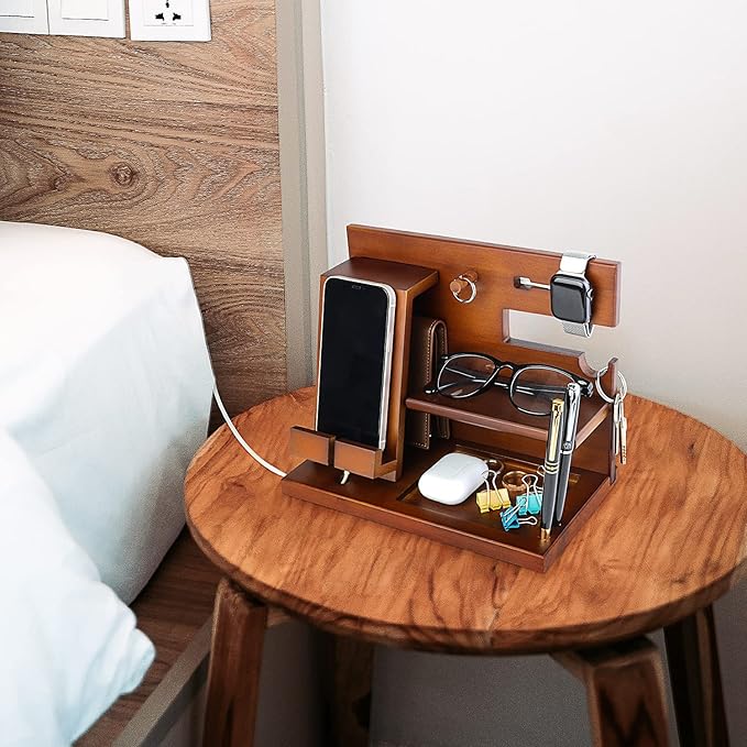 awofer Wood Phone Docking Station Nightstand Organizer for Men - Key Holder Wallet Stand iWatch Organizer Ring Hanging - Gadgets Gifts for Husband Boyfriend Dad Son Birthday Anniversary Fathers Day