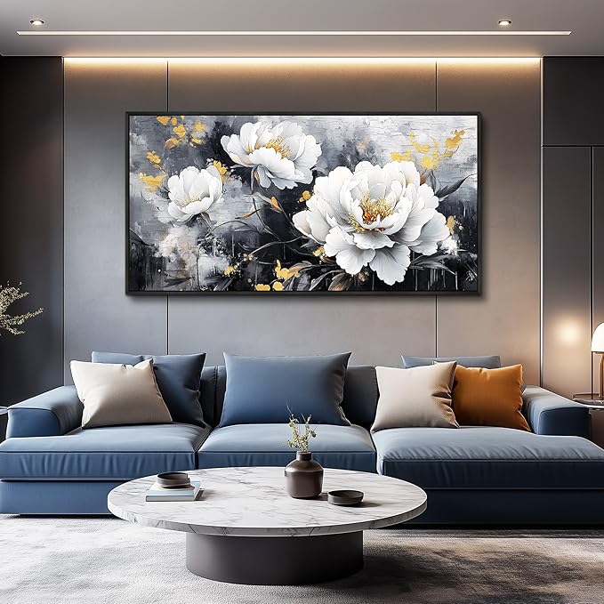 PHAOHUAXM Large Framed Print Canvas Wall Art For Living Room Wall Decor For Bedroom Abstract Wall Painting Ink-Wash White Flowers With Black Frames Dining Room Decor Modern Room Home Decor 20"X40"