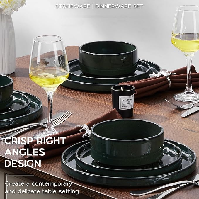 Onader Stoneware Dinnerware Sets for 8, Reactive Glaze Plates and Bowls Sets, Ceramic Dish Dinner Set with Rustic Terracotta Bottom, 24 Piece Elegant Dishware - Emerald Green