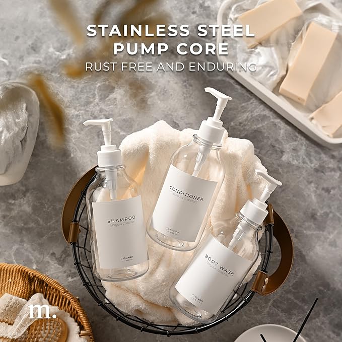 MaisoNovo Refillable Shampoo and Conditioner Bottles | 16.9 fl oz Set of 3 Clear Plastic Bottles White Pumps