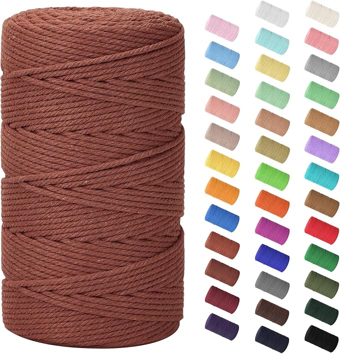 HOMEBOBO Macrame Cord 3mm x 220Yards (656Feet)Natural Cotton Macrame Rope - 4 Strands Twisted Macrame Cotton Cord for Wall HangingPlant HangersCraftsGift Wrapping and Wedding DecorationsReddish Brown