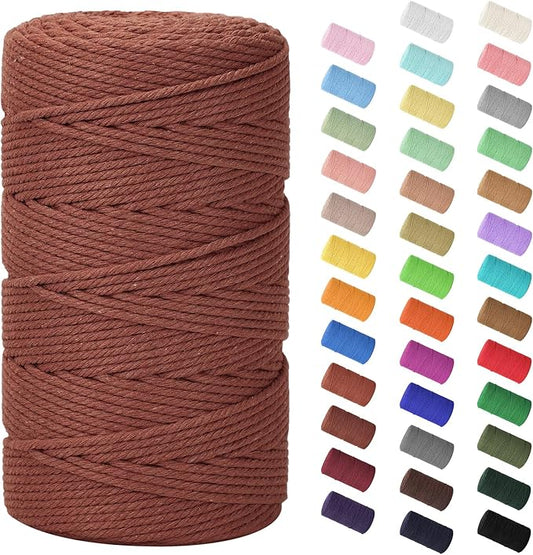 HOMEBOBO Macrame Cord 3mm x 220Yards (656Feet)Natural Cotton Macrame Rope - 4 Strands Twisted Macrame Cotton Cord for Wall HangingPlant HangersCraftsGift Wrapping and Wedding DecorationsReddish Brown