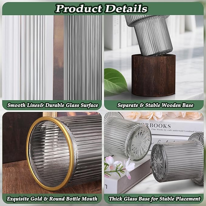 Ribbed Glass Vase Set of 2 Vases for Flowers,10" H Wood Glass Vase with Solid Wooden Base,Rustic Flower Vase for Home Decor,Living Room,Bedroom,Kitchen,Dining Table,Fireplace,Office(Gray & Clear)