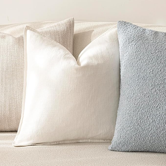 Foindtower Pack of 2, Decorative Linen Soild Throw Pillow Covers Soft Accent Cushion Case Boho Farmhouse Neutral Pillowcase for Chair Couch Sofa Bedroom Living Room Home Decor 16 x 16 Inch Cream White