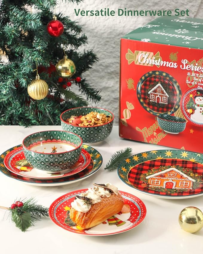 HASENSE 18 Pieces Dinnerware Sets Service for 6, Christmas Plates and Bowls Set, Ceramic Chip Resistant Tableware Dishes Set, Scratch Resistant Microwave and Dishwasher Safe, Multicolor