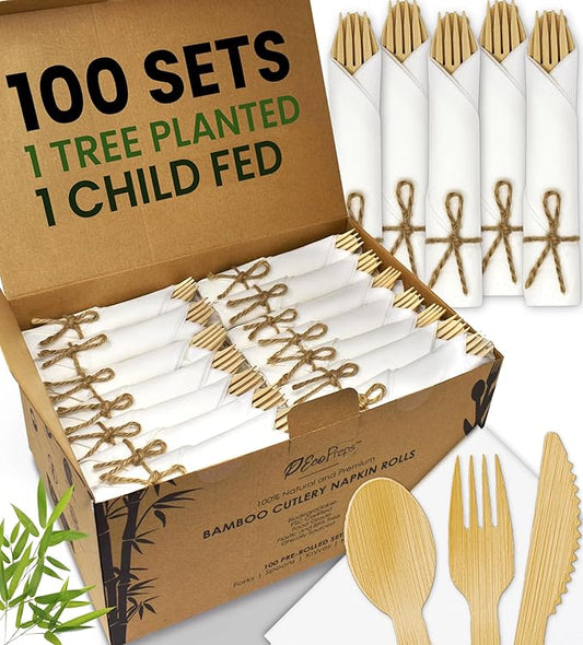 Premium Pre-Rolled Napkin and Bamboo Cutlery Set (100 Pack, 400 PCS) 100% Biodegradable, Eco-Friendly, Disposable Wrapped Cutlery - Includes Pre-Wrapped Bamboo Forks, Knives, Spoons, Napkins