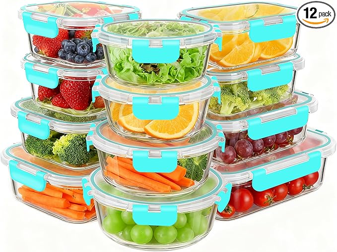 KAMOTA Glass Food Storage Containers, Green Glass Meal Prep Containers, Airtight Containers with Snap-Lock Lids, Set of 12, for Microwave/Oven/Freezer/Dishwasher