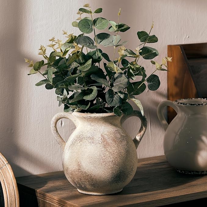 LUKA Antique Ceramic Vase with 2 Handle, 6.7 inches Rustic Vase Minimalist Decor, Decorative Vases for Home Decor, Table, Living Room, Shelf, Christmas Decoration(Small,Gray)