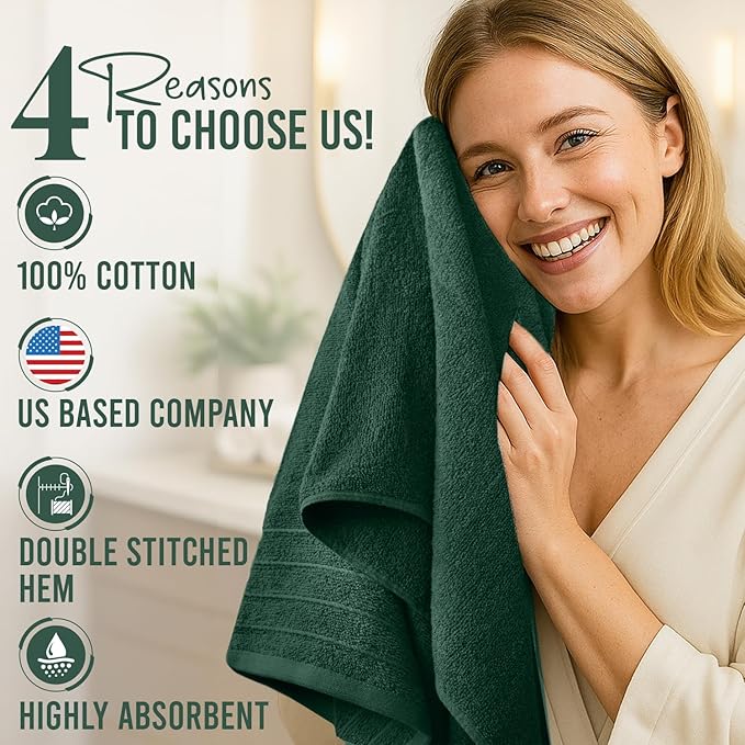 DAN RIVER Bath Towels Set of 4, 30 x 60 Inches, 100% Cotton, Larger & Lighter Weight, Quicker to Dry, Super Soft and Absorbent, Ideal Hotel Towels for Daily Use, Huntergreen