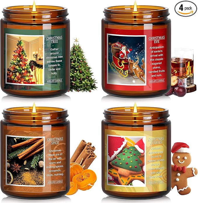 Christmas Candle Set | 4Pack Scented Candles Holiday Candle Gifts - Soy Candles Home Scented, Xmas Gift for Women and Men - Scents of Christmas Tree/Spice/Cookies/EVE