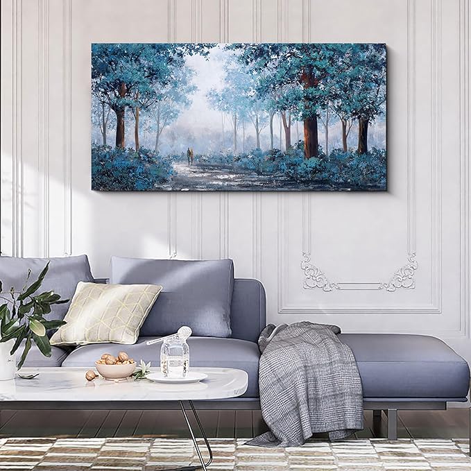 KLAKLA Bedroom Art - Canvas Tree Wall Art for Bedroom Office Home Decor - Blue Picture Artwork for Wall - Blue Leaves Plant Forest Wall Decor