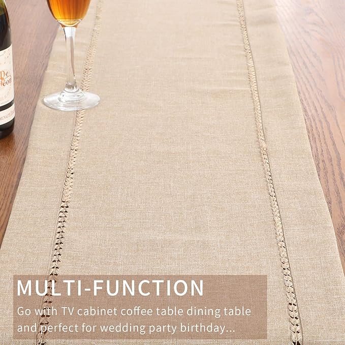 Tosewever Decorative Hemstitch Linen Table Runner Farmhouse Style Tabletop Collection Handcrafted Table Runners for Everyday Dining Wedding Party Holiday Home Decor (14 x 72 Inches, Light Coffee)