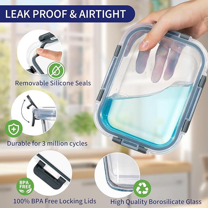 MFY 5-Pack 36 OZ Glass Storage Containers with Lids, Glass Meal Prep Containers Set, Airtight Lunch Containers with Lids, Microwave, Oven, Freezer and Dishwasher Safe, Gray