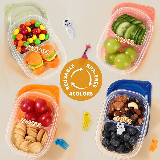 20 Pcs Reusable Snack Containers with Lids, 2-Compartment BPA-Free Portion Control for Bento Box & Meal Prep, On-the-Go for Kids Adults, Refrigerator Safe with 10 Animal Forks (4 Color Lids)