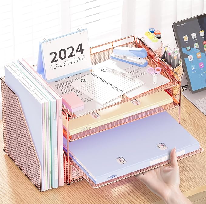 OPNICE Desk Organizer and Accessories, 4-Tier Desktop File Organizer with Drawer and 2 Pen Holders, Office Desk Accessories, File Sorters, Workspace Organizers for Office Supplies(Rose Gold)