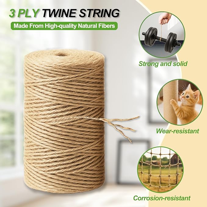 5 Pack Natural Twine String Suit: Jute Twine for Crafts Gardening Gift Wrapping Home Decor Knitting - 2mm 1200 Feet Jute Rope Twisted from 3 Ply - Suitable for Handicraft and Gardening Enthusiasts