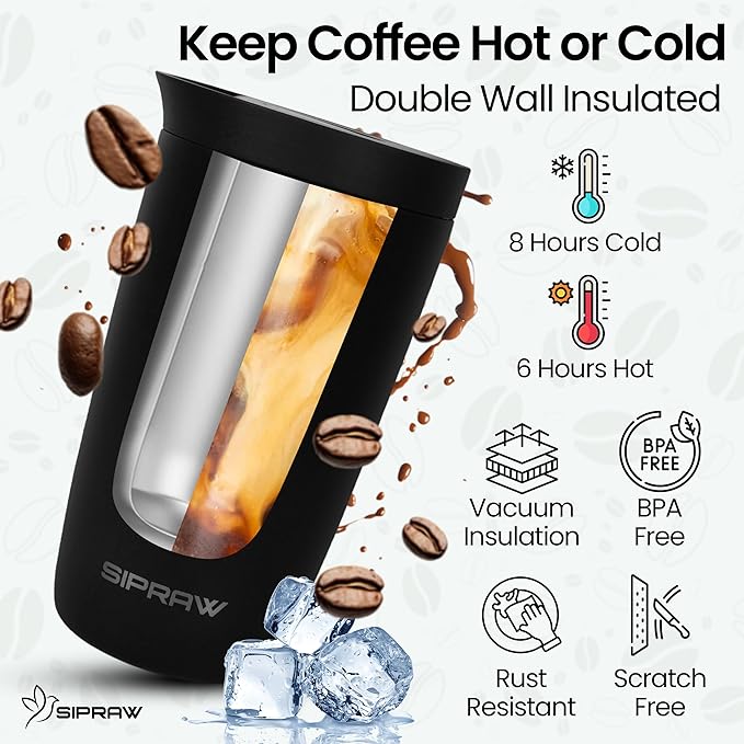 Travel Coffee Mug Tumbler, Reusable Iced Coffee Hot Coffee Cup, Double Wall Insulated Thermal Stainless Steel Material, Gift for Women Men, Perfect for Camping Travelling, 12 oz, Black