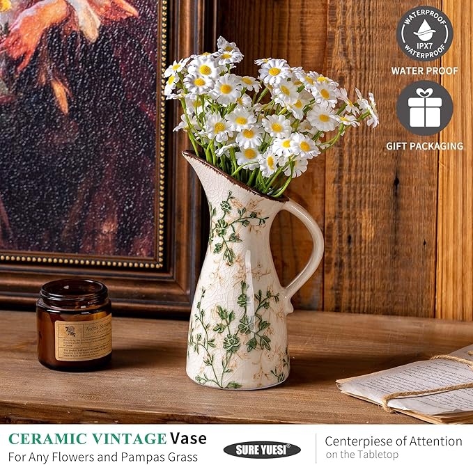 Green and Beige Pitcher Vase, Handcrafted Pastoral Ceramic Floral Vase, Vintage Farmhouse Flower Vase for Home Decor, Chinoiserie Tuscan Cottage Core Decor, Rustic Table Centerpiece 7.3 in