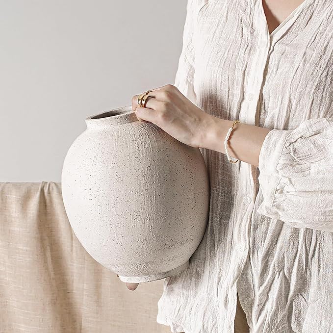 Large White Ceramic Vase - 9.8 Inch Rustic Farmhouse Vase for Home Decor, Minimalist Tall Vases for Living Room, Table, Bathroom, Holiday & Weddings (Sandstone White)