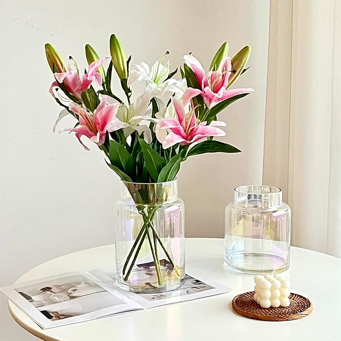 BLOFLO Iridescent Glass Vase, 7 Inch Large Glass Vase for Flowers, Modern Thick Glass Flower Vases for Centerpieces, Decorative Glass Cylinder Hydroponic Vase for Wedding, Home, Office