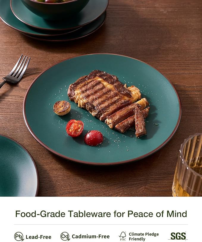 Famiware Venus Plates and Bowls Sets, 18 Pieces Stoneware Dinnerware Sets, Speckled Dishes Set for 6, Microwave and Dishwasher Safe, Matte Dark Green