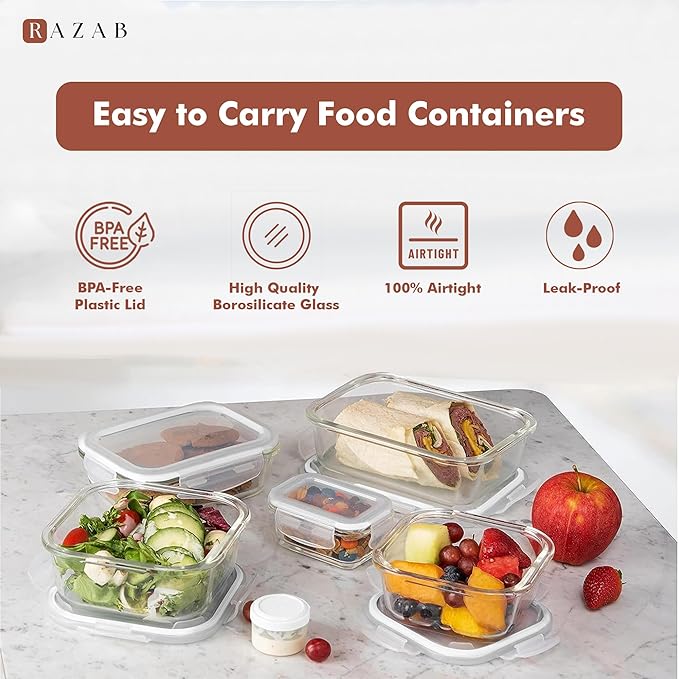 Razab 35 Pc Set Glass Food Storage Containers with Lids - Meal Prep Airtight Bento Boxes BPA-Free 100% Leak Proof (15 lids,15 glass & 5 Plastic Sauce/Dip Containers)