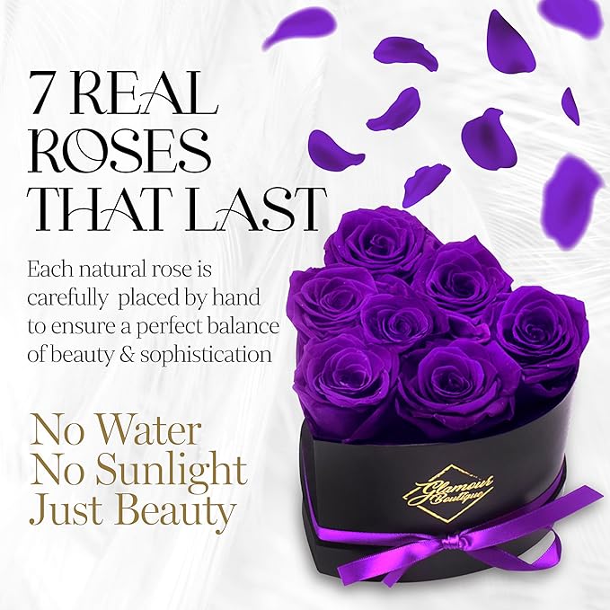 GLAMOUR BOUTIQUE 7 Flower Forever Heart Shape Box - Preserved Roses Gift for Her, Preserved Flowers, Purple