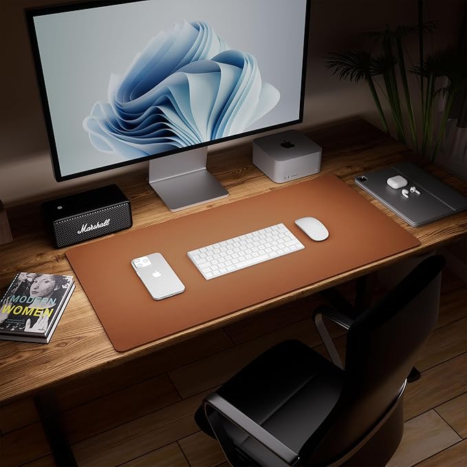 Aothia Double-Sided Desk Pad, Leather Desk Mat, Eco Cork Desk Pad Protector, Large Mouse Pad, Waterproof Desk Blotter Protector for Office/Home (25.6"x13.7", Brown)