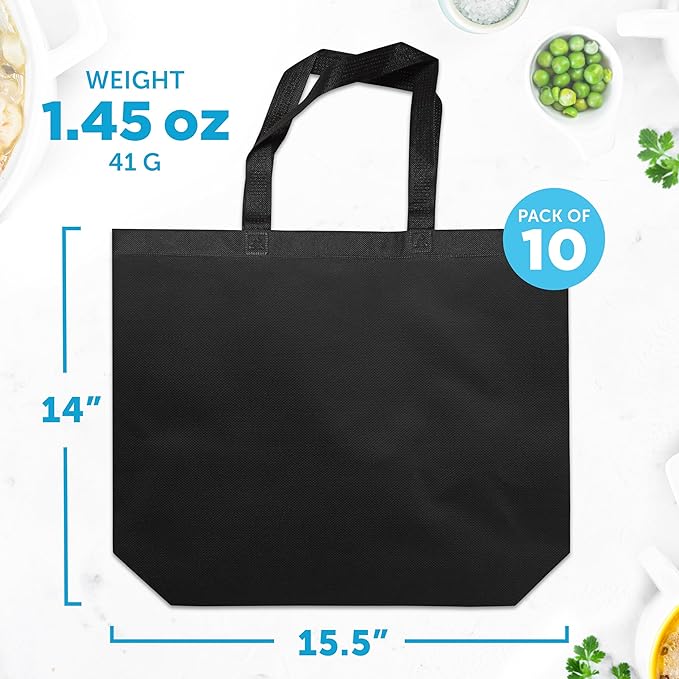 DISCOUNT PROMOS Jumbo Sized Tote Bags Set of 10, Bulk Pack - Reusable Grocery Bags, Shopping Bags, Promotional Item Totes for Women - Black