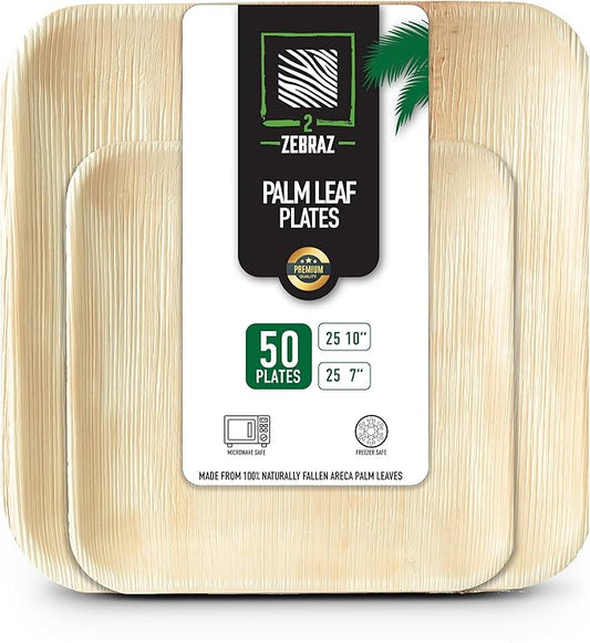 Premium Palm Leaf Disposable Plates – 50pc Square Set: 25pc 10” and 25pc 7”, Heavy-Duty, Microwave Safe, Natural Alternative to Plastic, Ideal for Parties, Weddings, Events, and Everyday Use