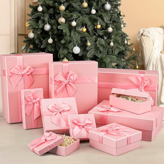 Tenceur 10 Pcs Gift Boxes with Lids Heavy Duty Nested Assorted Sizes Cardboard Gift Boxes for Presents with Ribbon for Xmas Holiday Present(Pink,5 Size)