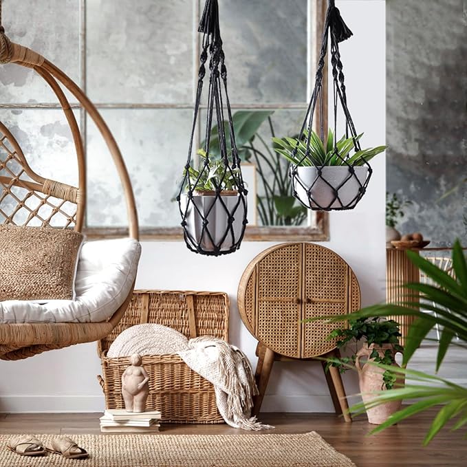 Artilady Black Plant Hanger Macrame Hanging Planter for Indoor Boho Plants Holder with Hooks Hanging Plant Basket Outdoor Window Wall Plants Home Decor
